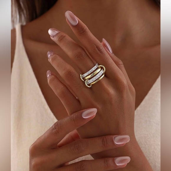 Interlocked Stackable Ring 14K Gold Plated Mixed Metal & Cubic Zirconia - BNIB - Picture 2 of 7